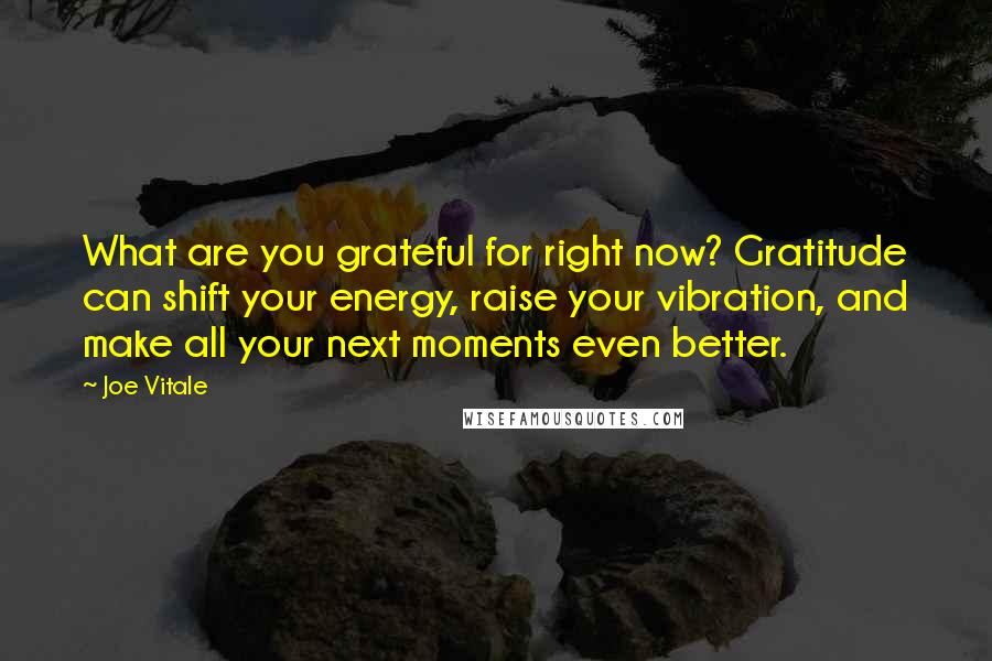 Joe Vitale Quotes: What are you grateful for right now? Gratitude can shift your energy, raise your vibration, and make all your next moments even better.