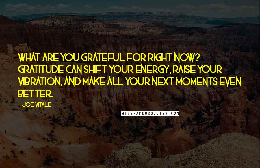 Joe Vitale Quotes: What are you grateful for right now? Gratitude can shift your energy, raise your vibration, and make all your next moments even better.