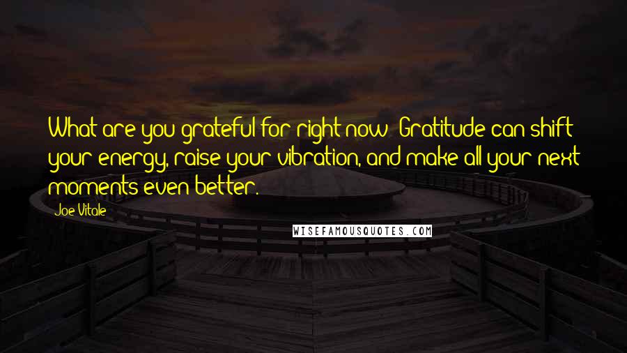 Joe Vitale Quotes: What are you grateful for right now? Gratitude can shift your energy, raise your vibration, and make all your next moments even better.