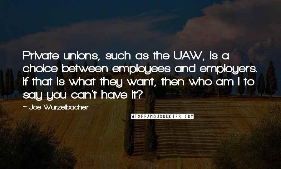 Joe Wurzelbacher Quotes: Private unions, such as the UAW, is a choice between employees and employers. If that is what they want, then who am I to say you can't have it?