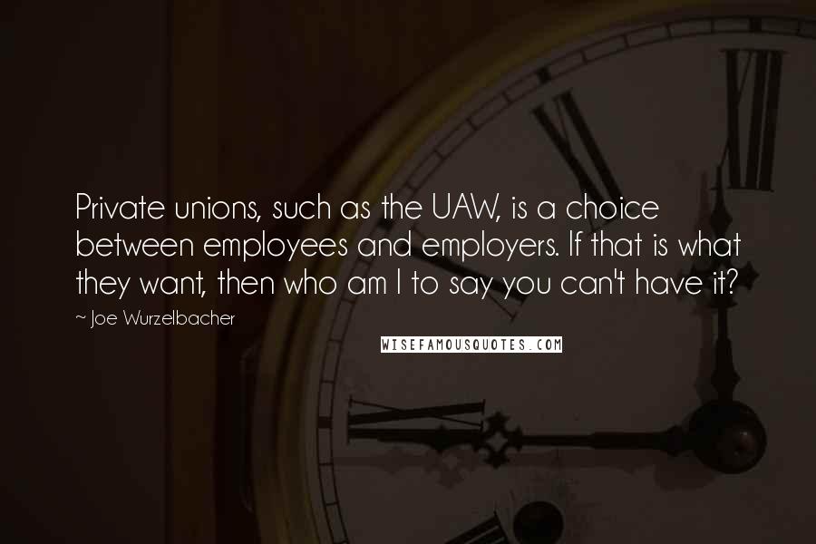 Joe Wurzelbacher Quotes: Private unions, such as the UAW, is a choice between employees and employers. If that is what they want, then who am I to say you can't have it?
