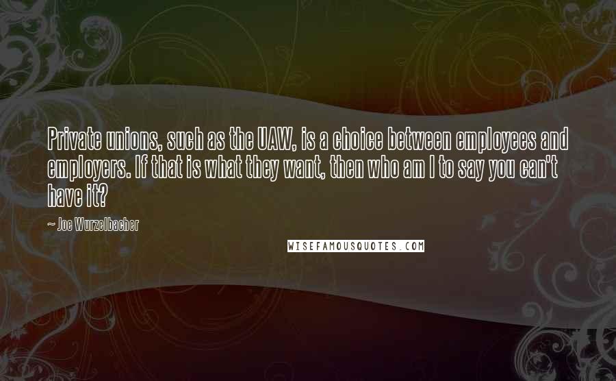 Joe Wurzelbacher Quotes: Private unions, such as the UAW, is a choice between employees and employers. If that is what they want, then who am I to say you can't have it?