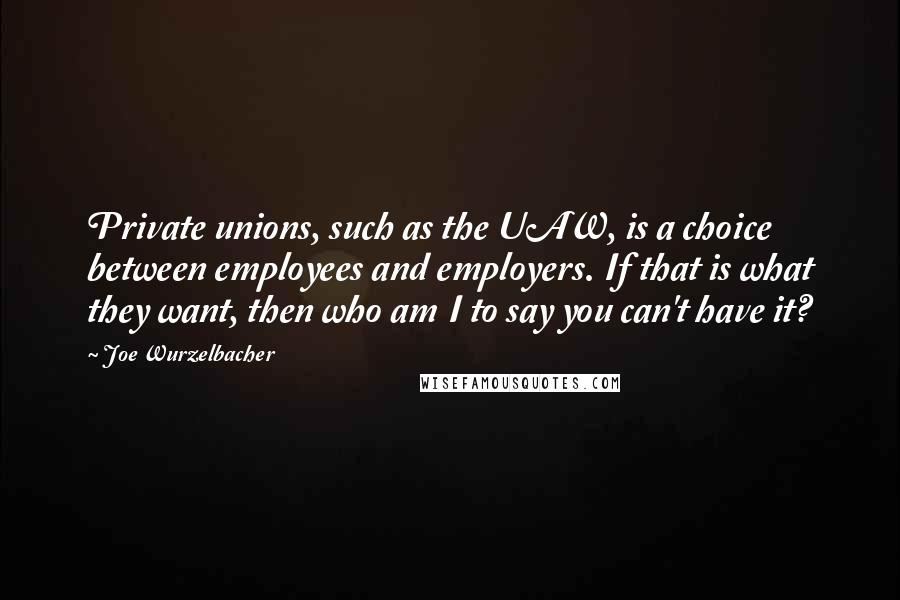 Joe Wurzelbacher Quotes: Private unions, such as the UAW, is a choice between employees and employers. If that is what they want, then who am I to say you can't have it?