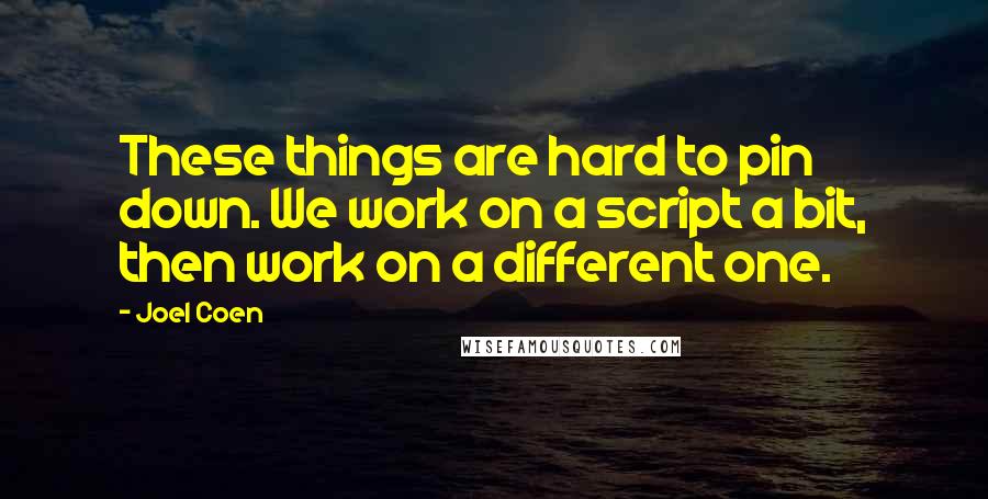 Joel Coen Quotes: These things are hard to pin down. We work on a script a bit, then work on a different one.