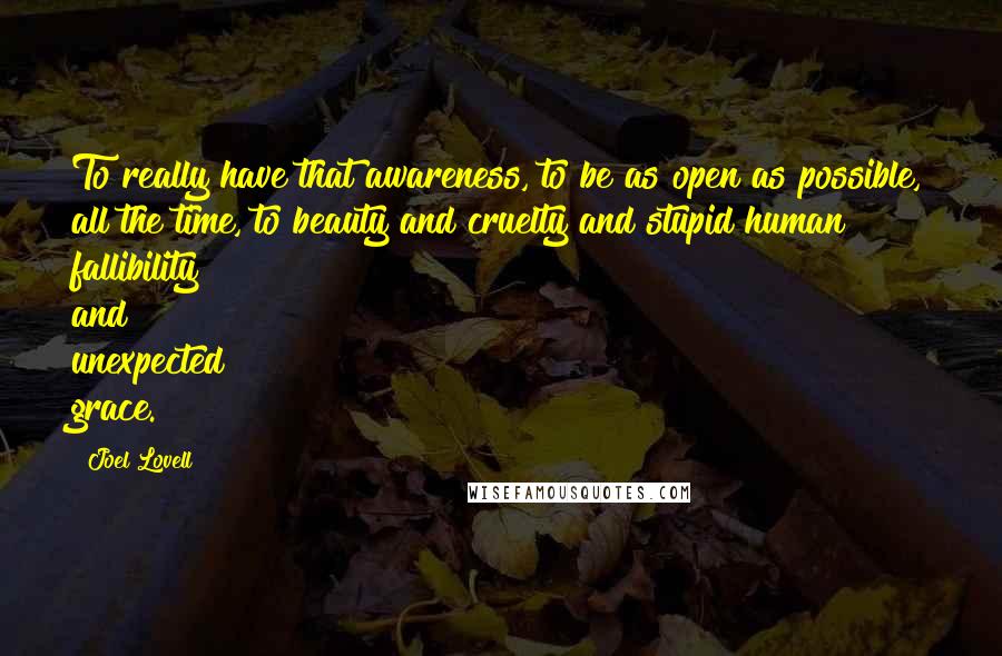 Joel Lovell Quotes: To really have that awareness, to be as open as possible, all the time, to beauty and cruelty and stupid human fallibility and unexpected grace.