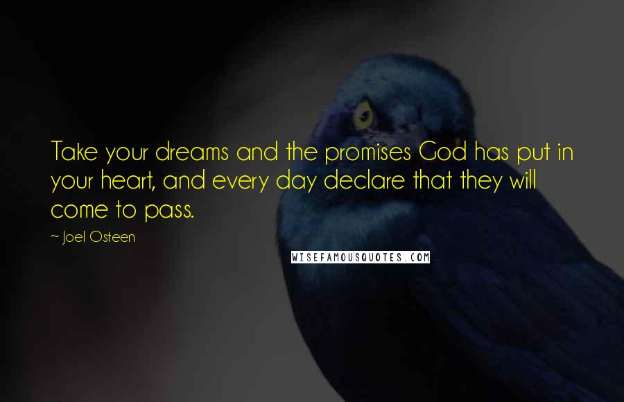 Joel Osteen Quotes: Take your dreams and the promises God has put in your heart, and every day declare that they will come to pass.