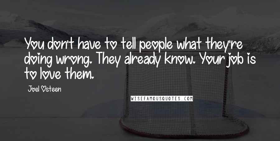 Joel Osteen Quotes: You don't have to tell people what they're doing wrong. They already know. Your job is to love them.