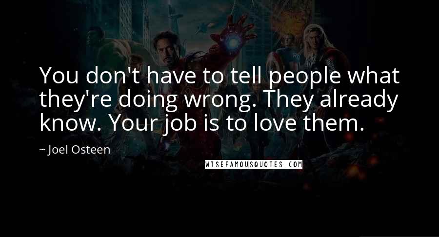 Joel Osteen Quotes: You don't have to tell people what they're doing wrong. They already know. Your job is to love them.