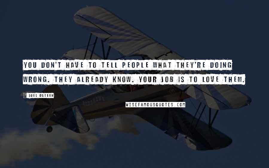 Joel Osteen Quotes: You don't have to tell people what they're doing wrong. They already know. Your job is to love them.