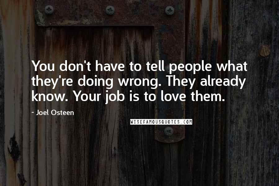 Joel Osteen Quotes: You don't have to tell people what they're doing wrong. They already know. Your job is to love them.