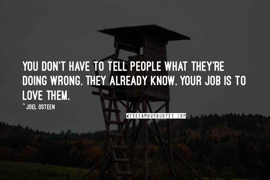 Joel Osteen Quotes: You don't have to tell people what they're doing wrong. They already know. Your job is to love them.