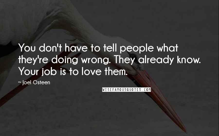 Joel Osteen Quotes: You don't have to tell people what they're doing wrong. They already know. Your job is to love them.