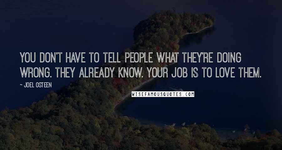 Joel Osteen Quotes: You don't have to tell people what they're doing wrong. They already know. Your job is to love them.