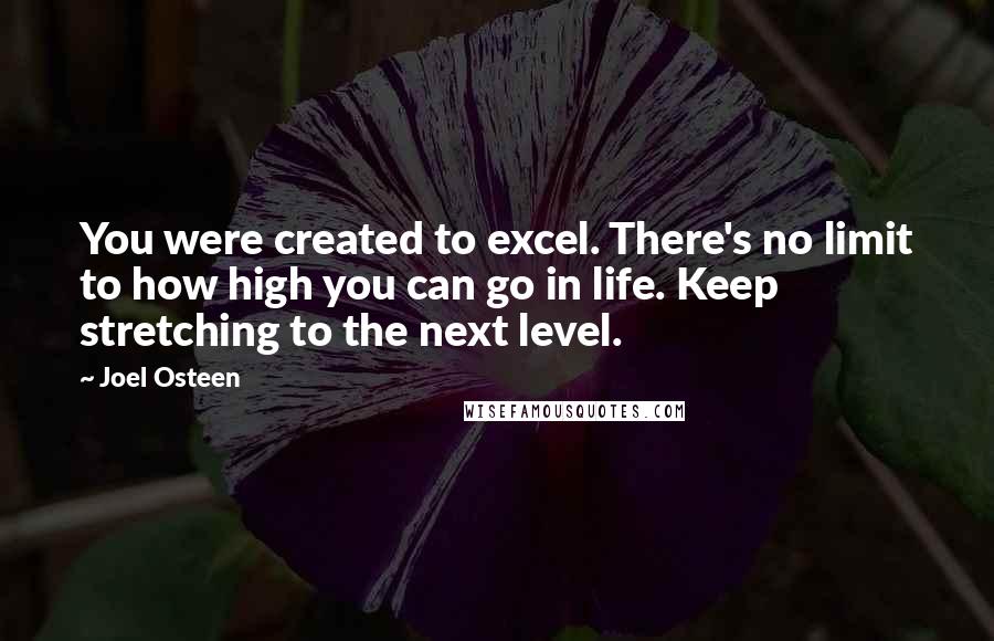 Joel Osteen Quotes: You were created to excel. There's no limit to how high you can go in life. Keep stretching to the next level.