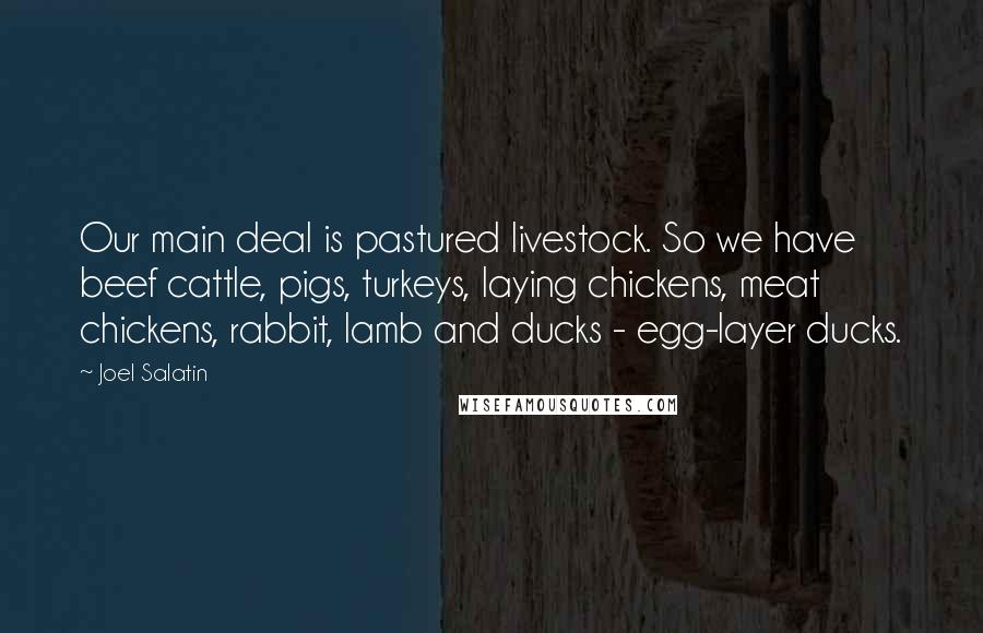 Joel Salatin Quotes: Our main deal is pastured livestock. So we have beef cattle, pigs, turkeys, laying chickens, meat chickens, rabbit, lamb and ducks - egg-layer ducks.