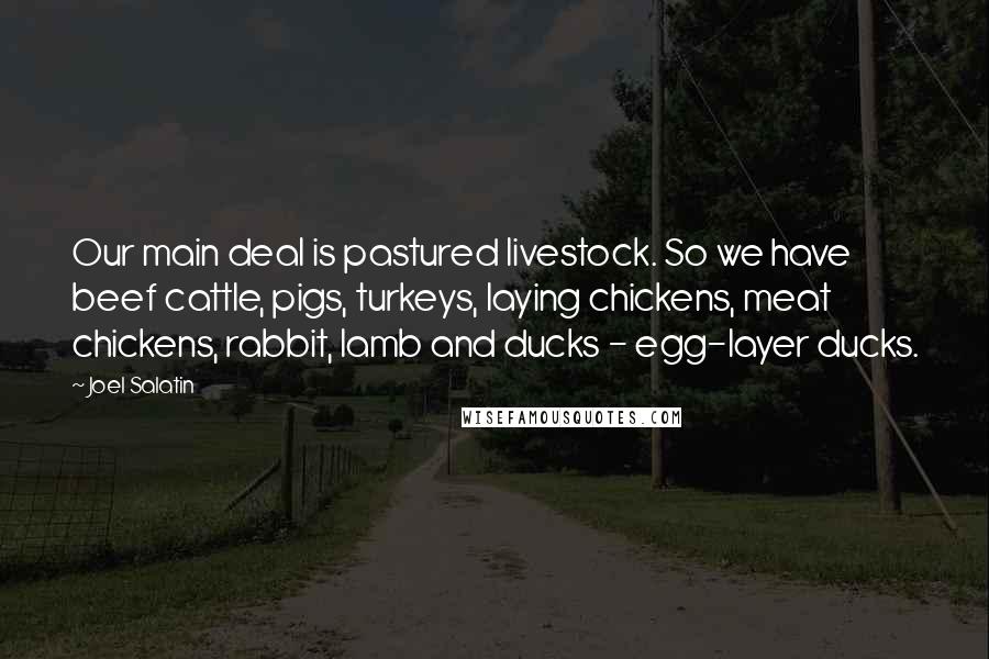 Joel Salatin Quotes: Our main deal is pastured livestock. So we have beef cattle, pigs, turkeys, laying chickens, meat chickens, rabbit, lamb and ducks - egg-layer ducks.