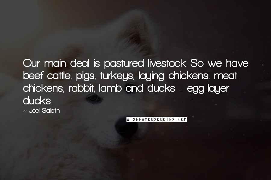 Joel Salatin Quotes: Our main deal is pastured livestock. So we have beef cattle, pigs, turkeys, laying chickens, meat chickens, rabbit, lamb and ducks - egg-layer ducks.