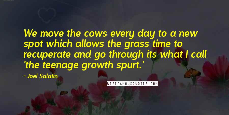 Joel Salatin Quotes: We move the cows every day to a new spot which allows the grass time to recuperate and go through its what I call 'the teenage growth spurt.'