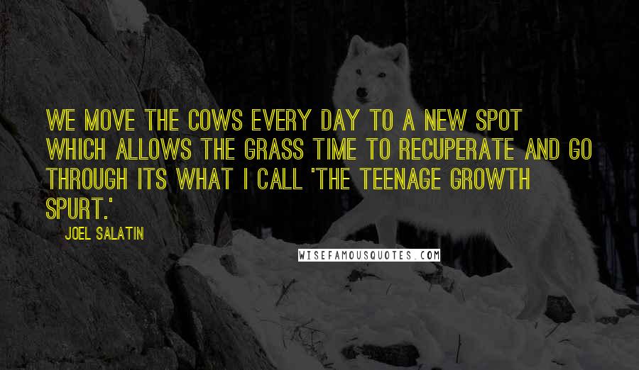 Joel Salatin Quotes: We move the cows every day to a new spot which allows the grass time to recuperate and go through its what I call 'the teenage growth spurt.'