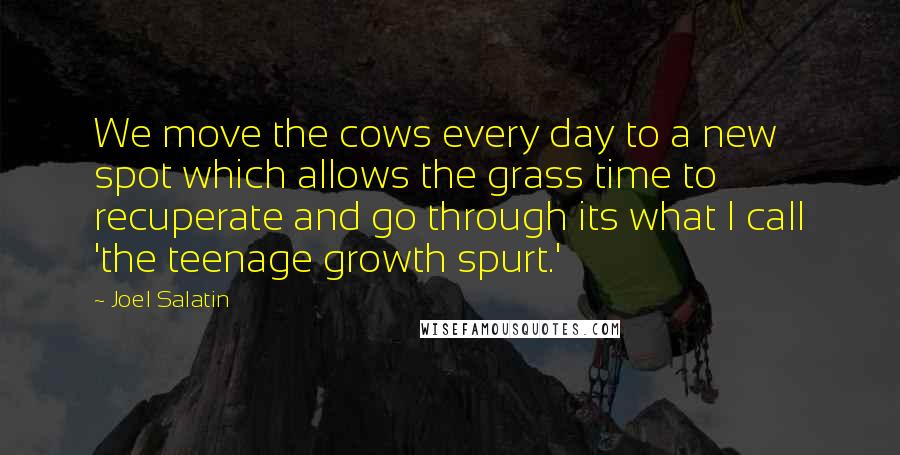 Joel Salatin Quotes: We move the cows every day to a new spot which allows the grass time to recuperate and go through its what I call 'the teenage growth spurt.'