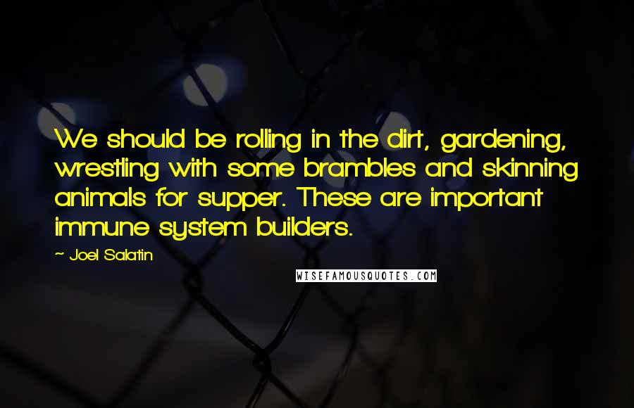 Joel Salatin Quotes: We should be rolling in the dirt, gardening, wrestling with some brambles and skinning animals for supper. These are important immune system builders.