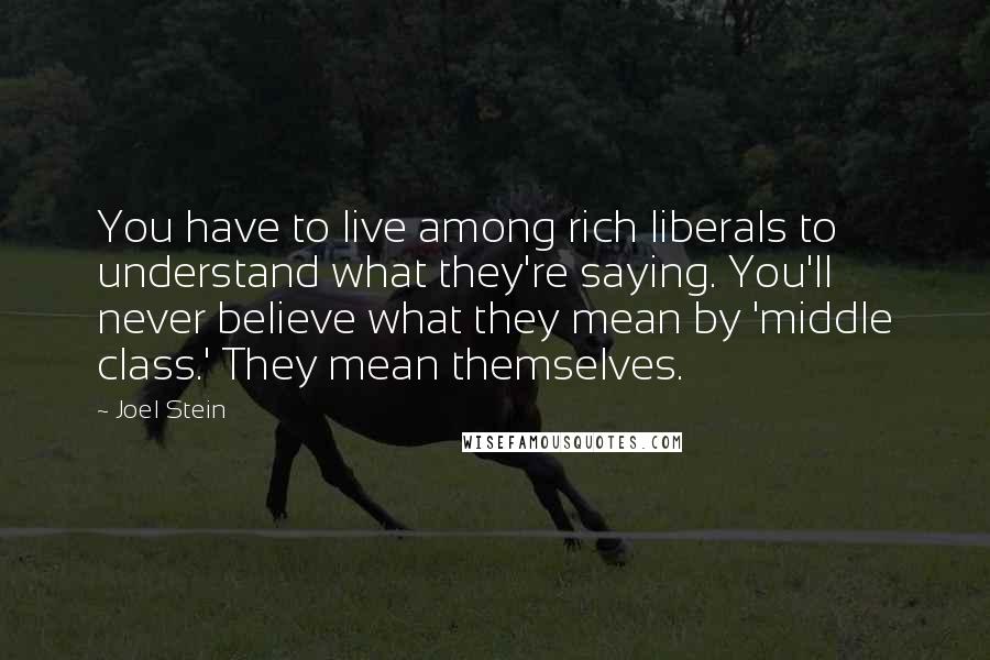 Joel Stein Quotes: You have to live among rich liberals to understand what they're saying. You'll never believe what they mean by 'middle class.' They mean themselves.