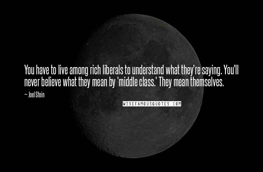 Joel Stein Quotes: You have to live among rich liberals to understand what they're saying. You'll never believe what they mean by 'middle class.' They mean themselves.