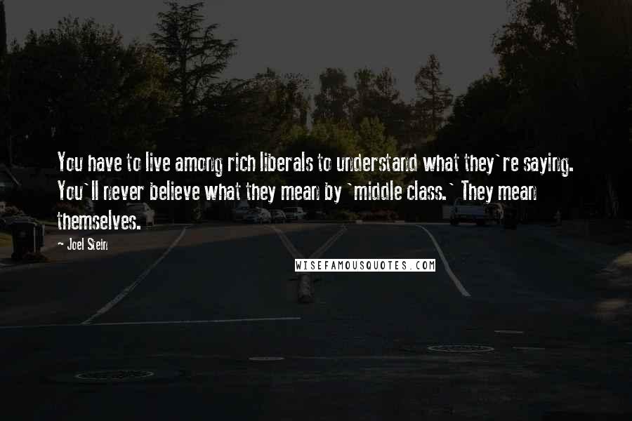 Joel Stein Quotes: You have to live among rich liberals to understand what they're saying. You'll never believe what they mean by 'middle class.' They mean themselves.