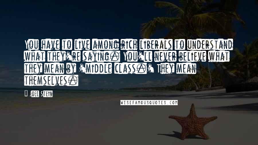 Joel Stein Quotes: You have to live among rich liberals to understand what they're saying. You'll never believe what they mean by 'middle class.' They mean themselves.