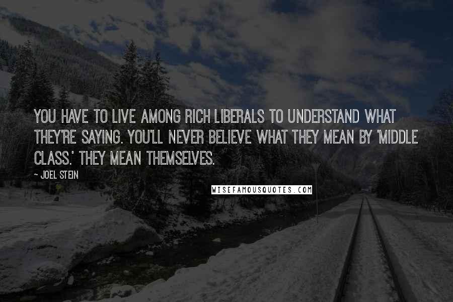Joel Stein Quotes: You have to live among rich liberals to understand what they're saying. You'll never believe what they mean by 'middle class.' They mean themselves.
