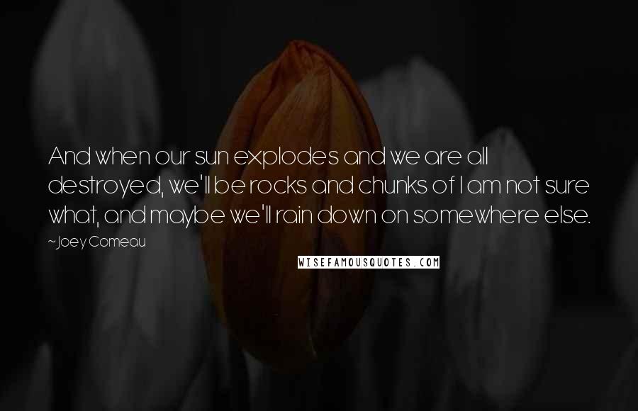 Joey Comeau Quotes: And when our sun explodes and we are all destroyed, we'll be rocks and chunks of I am not sure what, and maybe we'll rain down on somewhere else.