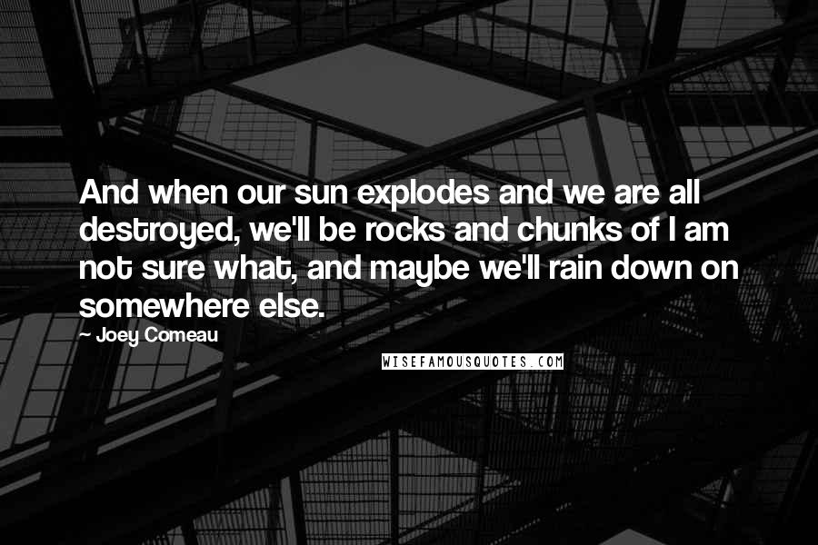 Joey Comeau Quotes: And when our sun explodes and we are all destroyed, we'll be rocks and chunks of I am not sure what, and maybe we'll rain down on somewhere else.
