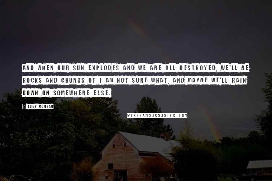 Joey Comeau Quotes: And when our sun explodes and we are all destroyed, we'll be rocks and chunks of I am not sure what, and maybe we'll rain down on somewhere else.