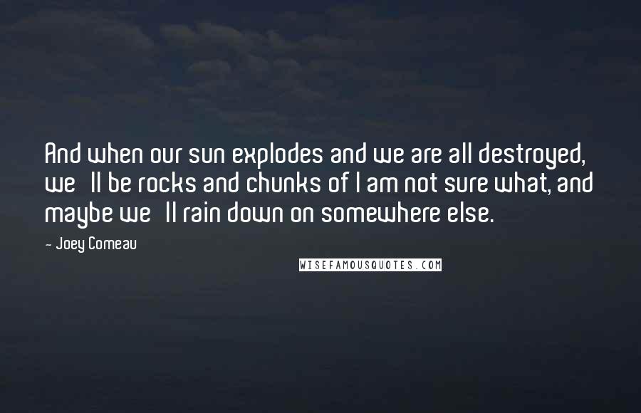 Joey Comeau Quotes: And when our sun explodes and we are all destroyed, we'll be rocks and chunks of I am not sure what, and maybe we'll rain down on somewhere else.