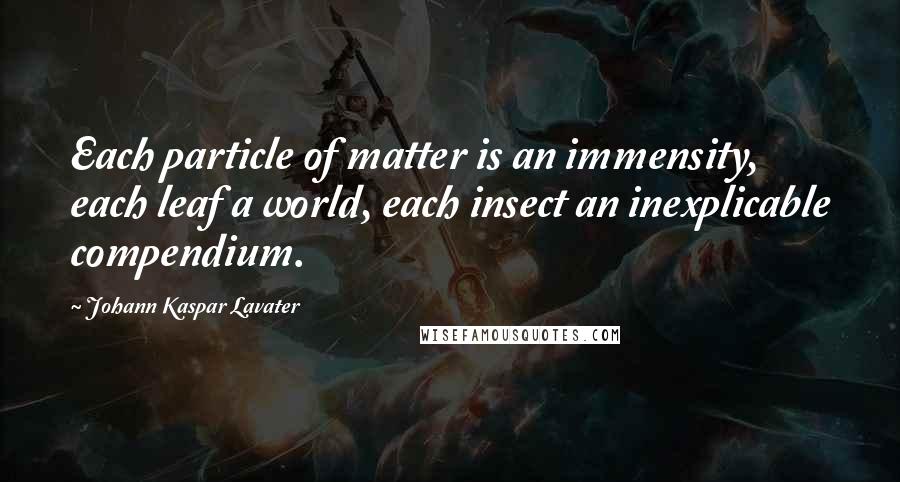 Johann Kaspar Lavater Quotes: Each particle of matter is an immensity, each leaf a world, each insect an inexplicable compendium.