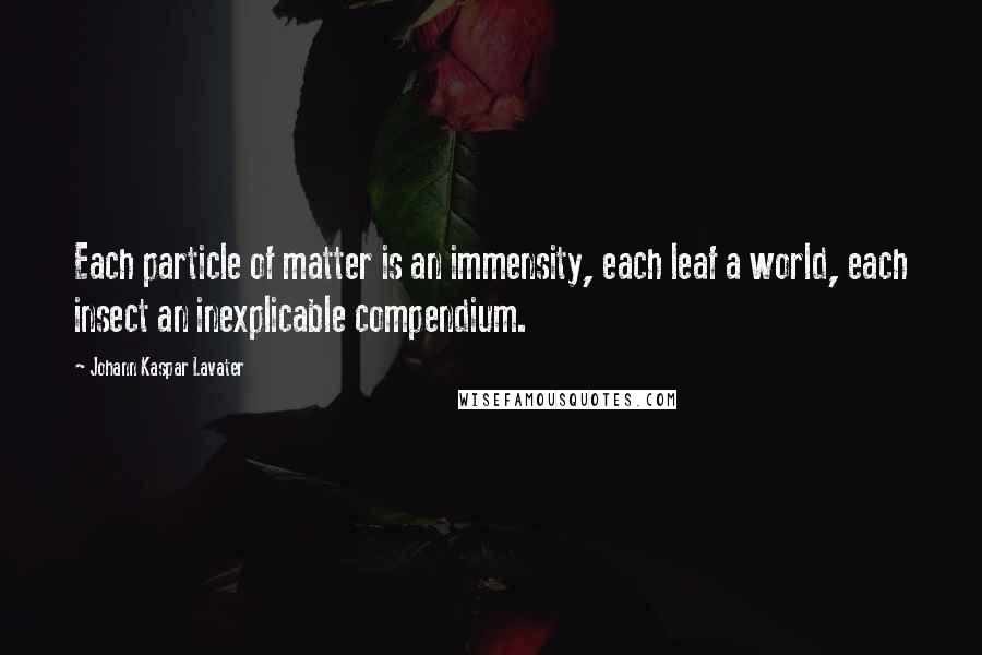 Johann Kaspar Lavater Quotes: Each particle of matter is an immensity, each leaf a world, each insect an inexplicable compendium.