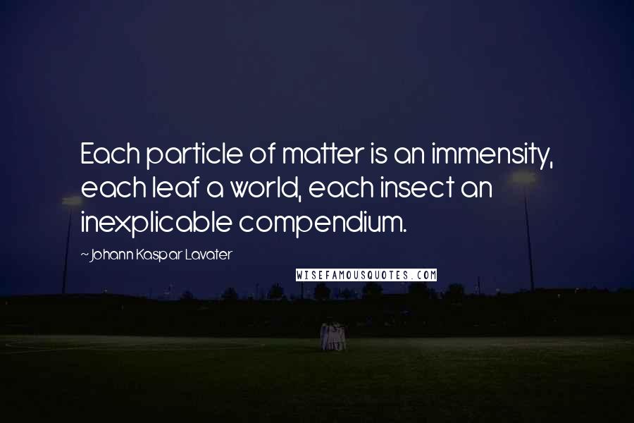 Johann Kaspar Lavater Quotes: Each particle of matter is an immensity, each leaf a world, each insect an inexplicable compendium.