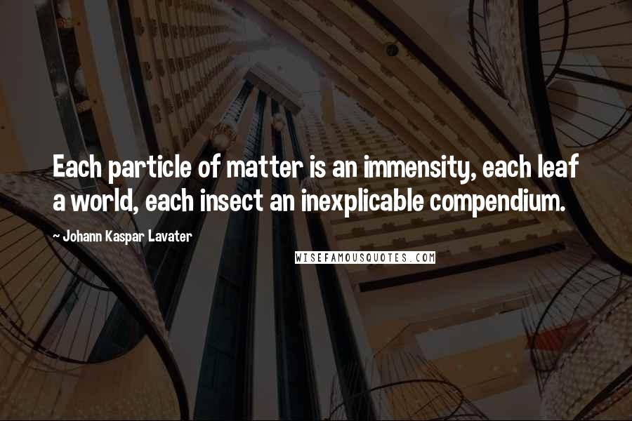 Johann Kaspar Lavater Quotes: Each particle of matter is an immensity, each leaf a world, each insect an inexplicable compendium.