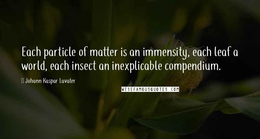 Johann Kaspar Lavater Quotes: Each particle of matter is an immensity, each leaf a world, each insect an inexplicable compendium.