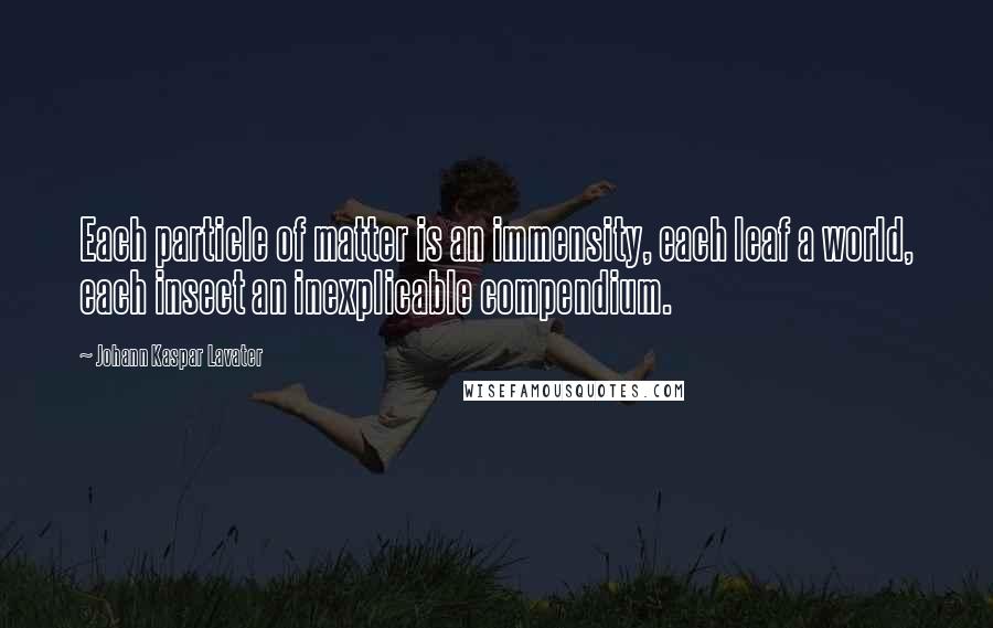 Johann Kaspar Lavater Quotes: Each particle of matter is an immensity, each leaf a world, each insect an inexplicable compendium.