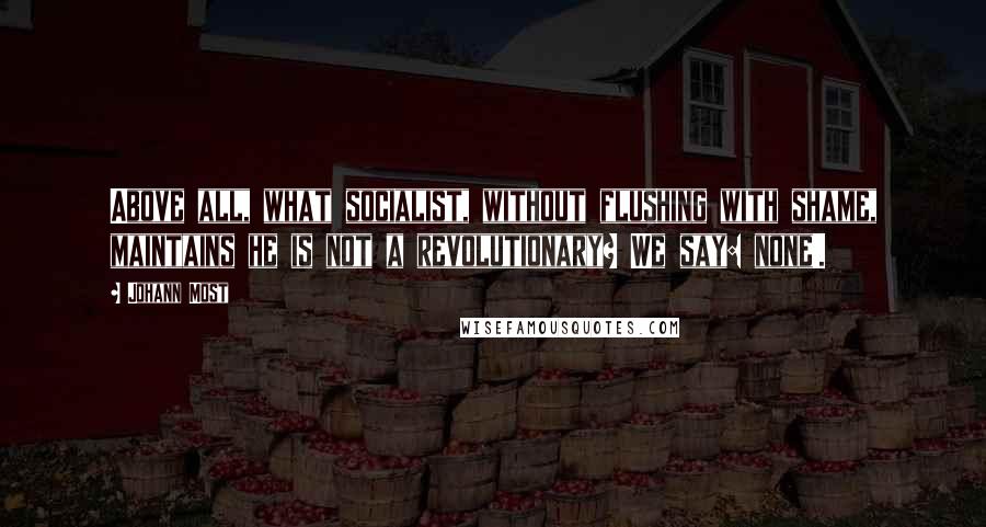 Johann Most Quotes: Above all, what socialist, without flushing with shame, maintains he is not a revolutionary? We say: none!.