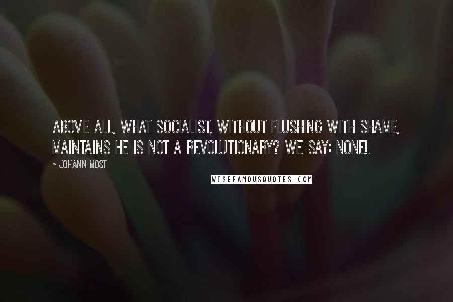 Johann Most Quotes: Above all, what socialist, without flushing with shame, maintains he is not a revolutionary? We say: none!.