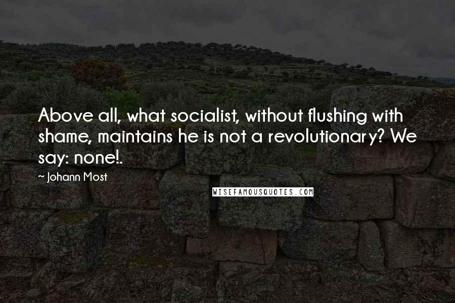 Johann Most Quotes: Above all, what socialist, without flushing with shame, maintains he is not a revolutionary? We say: none!.