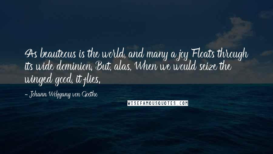 Johann Wolfgang Von Goethe Quotes: As beauteous is the world, and many a joy Floats through its wide dominion. But, alas, When we would seize the winged good, it flies.