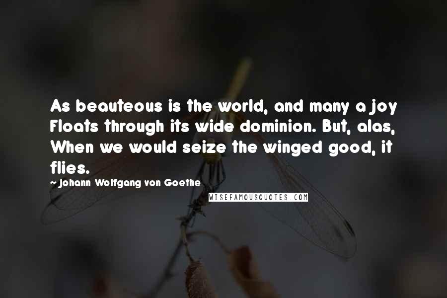 Johann Wolfgang Von Goethe Quotes: As beauteous is the world, and many a joy Floats through its wide dominion. But, alas, When we would seize the winged good, it flies.
