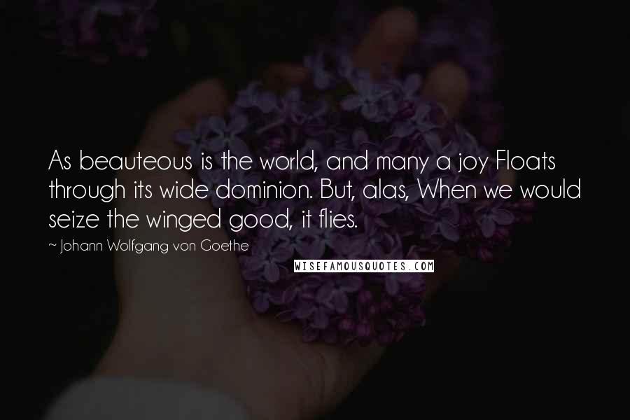 Johann Wolfgang Von Goethe Quotes: As beauteous is the world, and many a joy Floats through its wide dominion. But, alas, When we would seize the winged good, it flies.