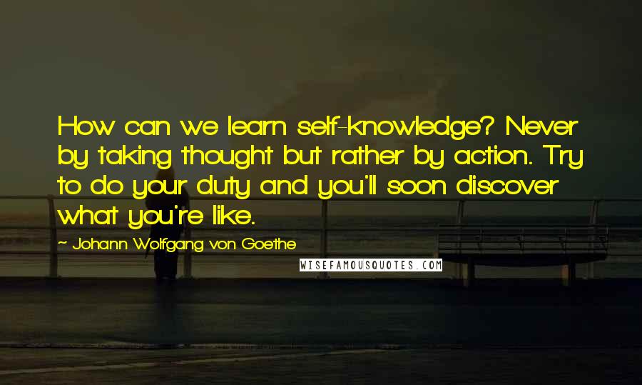 Johann Wolfgang Von Goethe Quotes: How can we learn self-knowledge? Never by taking thought but rather by action. Try to do your duty and you'll soon discover what you're like.