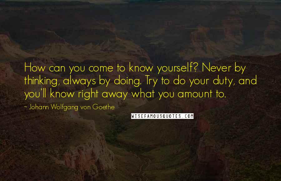 Johann Wolfgang Von Goethe Quotes: How can you come to know yourself? Never by thinking, always by doing. Try to do your duty, and you'll know right away what you amount to.