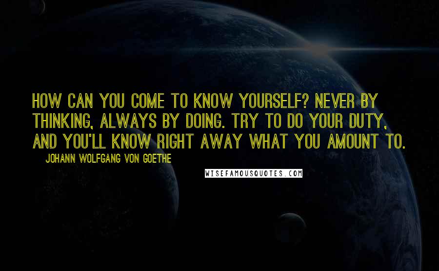 Johann Wolfgang Von Goethe Quotes: How can you come to know yourself? Never by thinking, always by doing. Try to do your duty, and you'll know right away what you amount to.