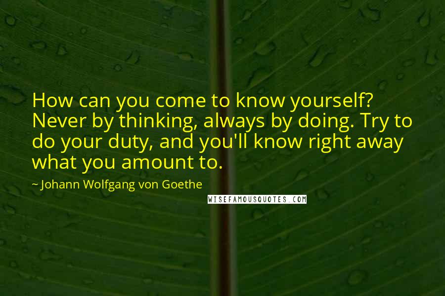 Johann Wolfgang Von Goethe Quotes: How can you come to know yourself? Never by thinking, always by doing. Try to do your duty, and you'll know right away what you amount to.
